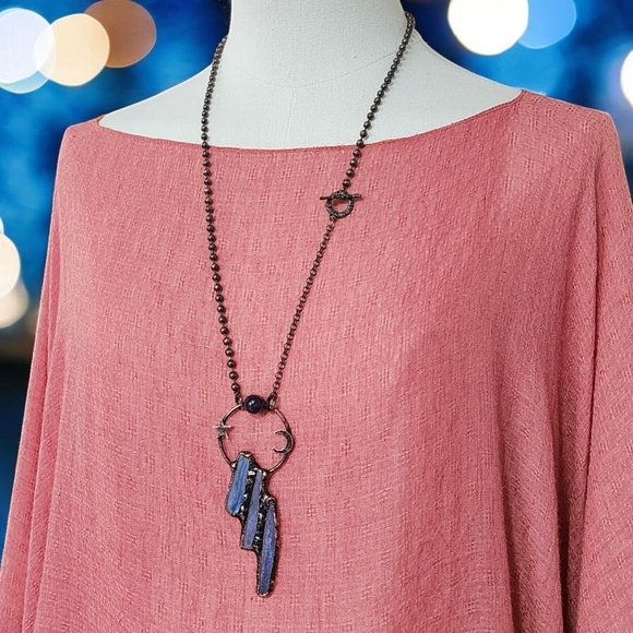 Boho Chic Kyanite & Amethyst Crescent Moon Star Pendant Vintage Necklace ๐โจ - Picture 12 of 12